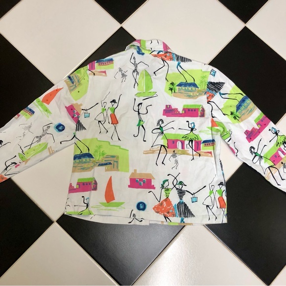 Vintage 90s Keren Hart Colorful AOP Funky Lady Button Down Utility Denim Jacket - Picture 7 of 13